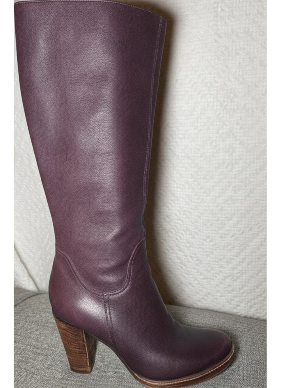Deep Purple Leather Tall Boots Stacked Wooden Heel With Full Zipper